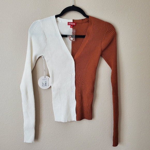 STAUD Colorblock Ribbed Cardigan in Tan White - Picture 2 of 7